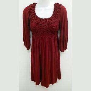 Burgundy Red Smocked Dress 3/4 Sleeve XS